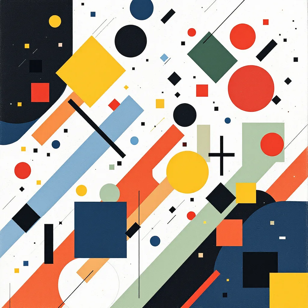 Hard-edged painting scattered with dozens of small circles, squares and diagonal bands on white