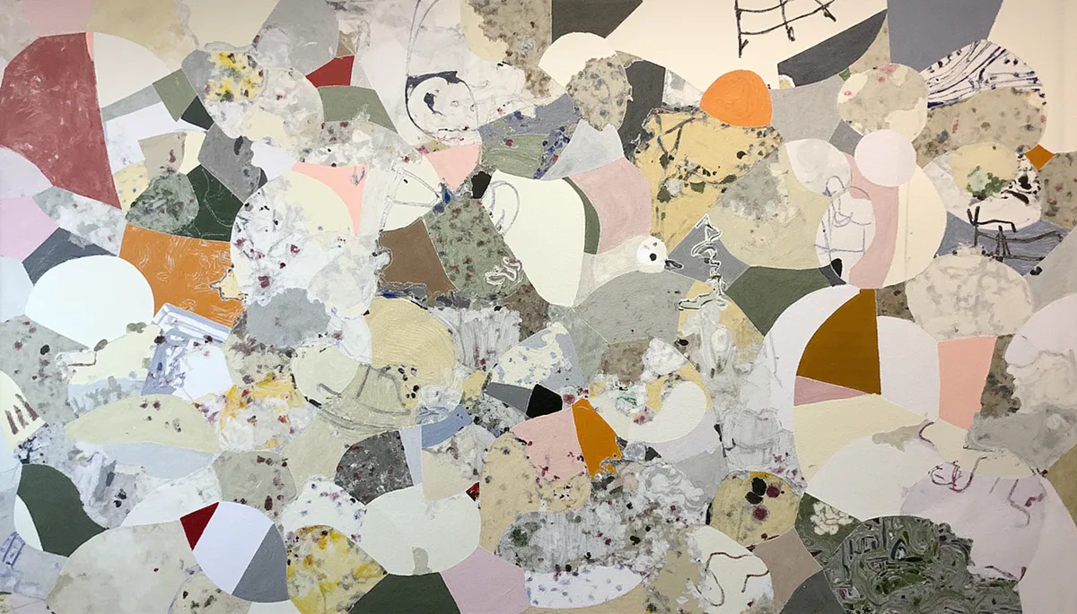 Abstract painting of overlapping pale rounded shapes in grey, cream and rose