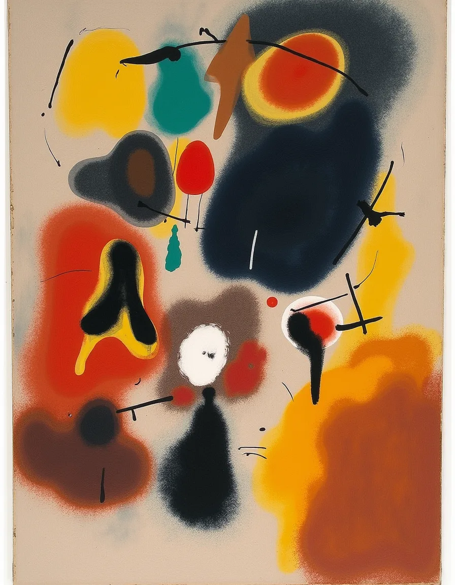 Abstract painting of soft-edged sprayed forms in red, yellow and navy on a tan ground