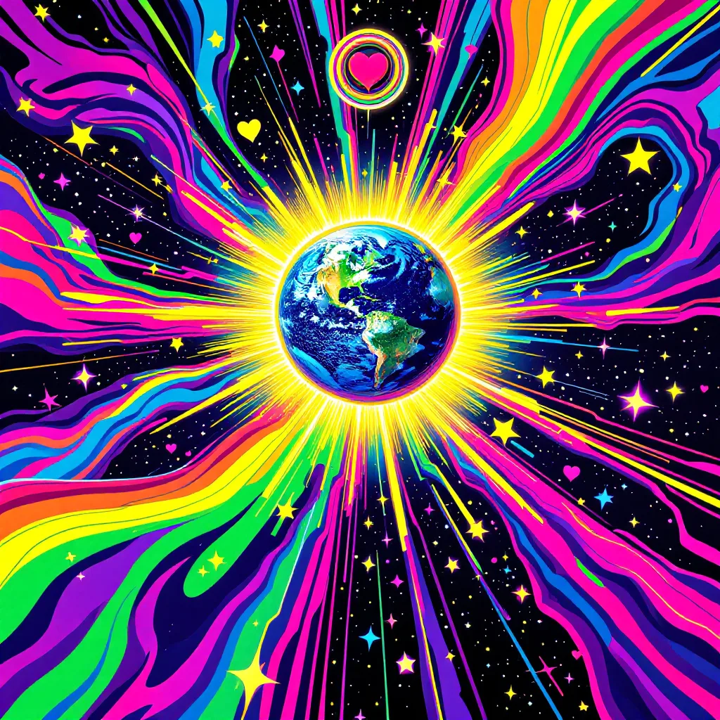 Psychedelic poster painting of Earth blazing at the centre of a starburst of neon rainbow rays