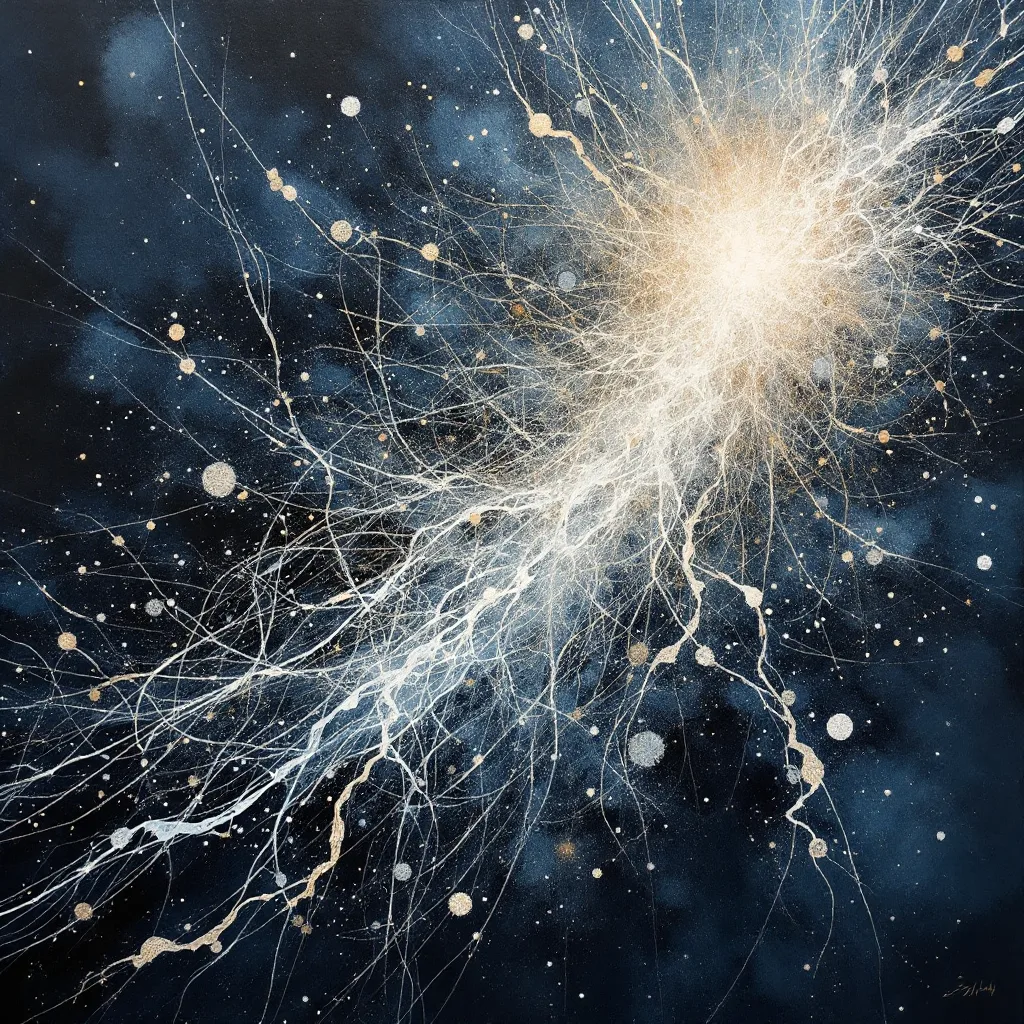 Abstract painting of a bright gold and white burst throwing pale filaments across a deep blue and black field