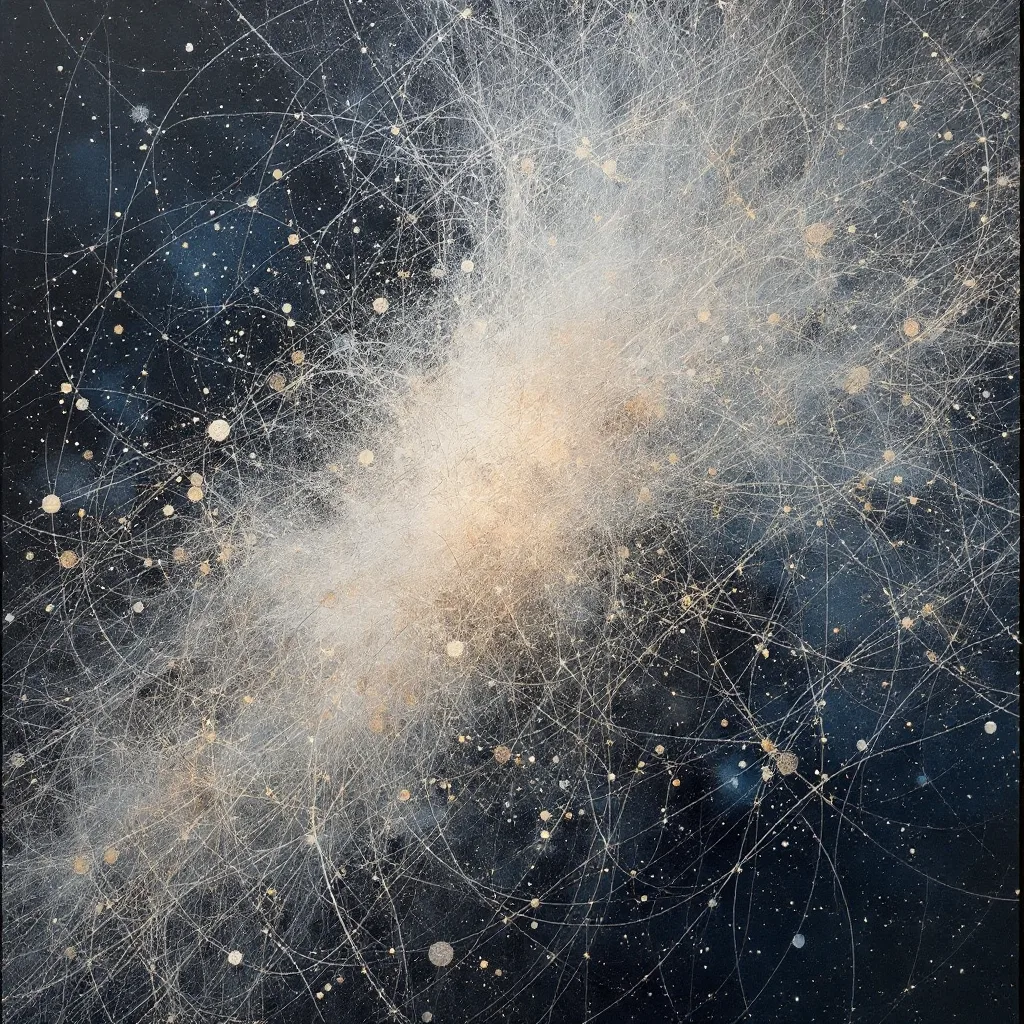 Abstract painting of a luminous pale knot caught in a wide web of fine lines across a dark blue ground